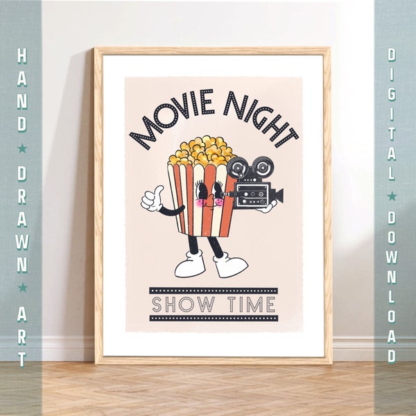 Movie Night Poster, Home Theatre Decor, Retro Popcorn Art Print, Vintage Movie Poster, Film Cinema Wall Art, Movie Room Show Time Printable