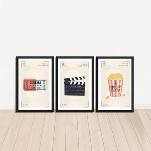 Decorazione per home theater, set di 3 poster, biglietto del cinema retrò, popcorn vintage, cartellone dell'azione cinematografica, stampa da parete del cinema, vecchia arte stampabile di Hollywood
