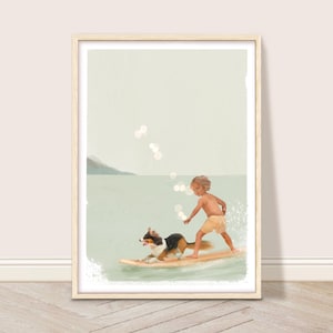 May include: A digital illustration of a boy and a dog surfing on a wave. The boy is wearing a yellow swimsuit and the dog is a black and white border collie. The background is a light blue ocean with white bubbles.