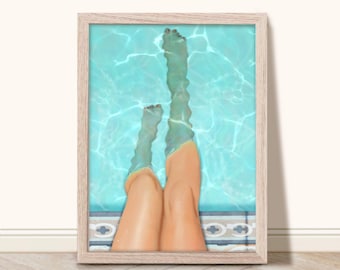 Girls Legs in Swimming Pool Art Print, Retro Pool Swimming Printable Art, Blue Home Decor, Underwater Wall Art, Coastal Summer Digital Art