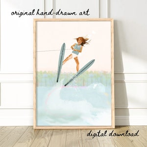 Wasserski Mädchen Wandkunst, Kunstdruck am See, Retro Küsten Dekor, Sommer Wassersport digitale Kunst, Vintage Wasserski Poster, See Haus Dekor