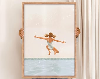 Girl Jumping Pool Art Print, Retro Summer Coastal Decor (Digital Download)