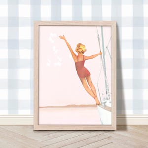 Impresión artística de velero retro, arte mural de navegación, arte digital costero de verano, póster de viaje náutico, decoración femenina rosa, póster de moda vintage