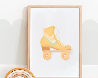 Lámina artística de patines retro amarillos: decoración de pared arcoíris (descarga digital)
