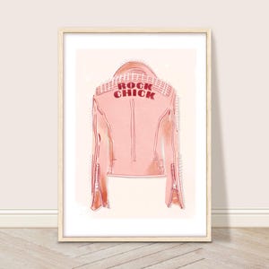 Pink Leather Jacket Art Print, Trendy Rock Chick Wall Art, Rock n Roll Girl, Pink Fashion Poster For Girls, Rock on, Cool Punk Rock Female
