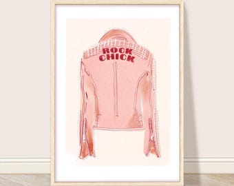 Pink Leather Jacket Art Print, Trendy Rock Chick Wall Art, Rock n Roll Girl, Pink Fashion Poster For Girls, Rock on, Cool Punk Rock Female