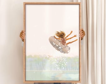 Lake Tubing Art Print: Retro Summer Wall Decor (Digital Download)