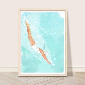 Woman Diving Underwater Art Print, Underwater Wall Art, Retro Swimming Pool Poster, Summer House Decor, Woman Diver Holiday Printable Art