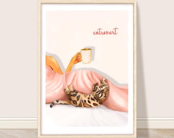Catrovert Art Print, Vintage Cat Quote Poster, Trendy Cat Wall Art, Retro Fashion Art, Funny Pet Home Decor, Cat Lover Gift, Bengal Cat Art