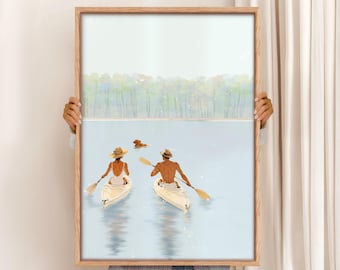 Couple Kayaking Art Print: Retro Lake House Decor (Digital Download)