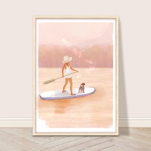 Woman and Dog Paddleboarding Art Print, Retro Paddle board Wall Art, Vintage Lake House Decor, Summer Coastal Printable, SUP Paddle boarder