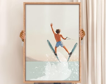 Retro Waterskiing Art Print: Summer Lake Coastal Decor (Digital Download)