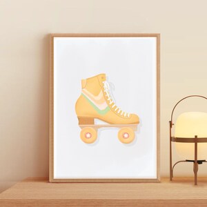May include: A yellow roller skate with green and white stripes on the boot. The skate has pink wheels and is on a white background.