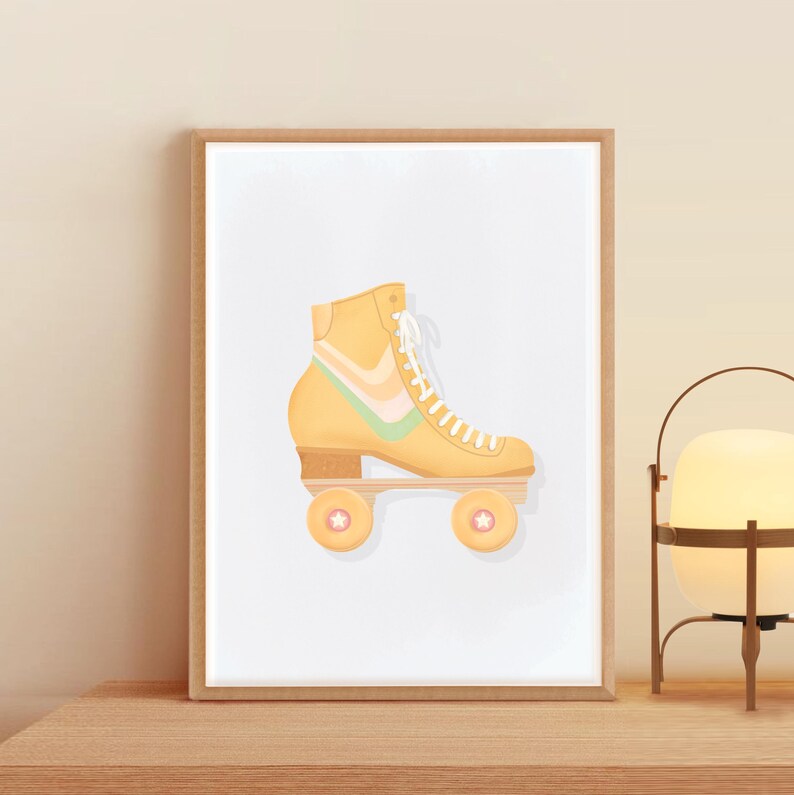 May include: A yellow roller skate with green and white stripes on the boot. The skate has pink wheels and is on a white background.