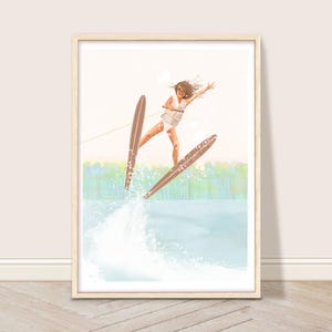 Meisje waterskiën muurkunst, Lake Art Print, retro kustdecor, zomer watersport digitale kunst, vintage waterski poster, Lake House decor
