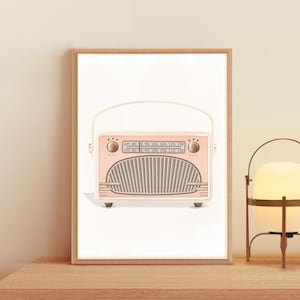 Lámina de radio vintage, póster de radio retro, arte mural musical nostálgico y preppy, decoración de habitación rosa pastel para chicas, regalo musical de moda para ella