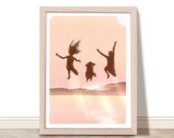 Retro Lake Art Print, Dog and Kids Jumping into Lake at Sunset Wall Art, Lake House Decor, Lake Life Summer House Art, Golden Hour Swimming
