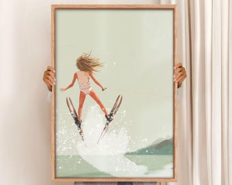 Girl Waterskiing Art Print: Sage Green Nautical Wall Decor (Digital Download)