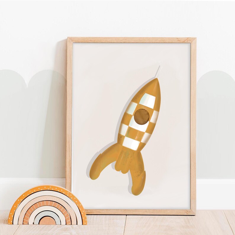Retro Space Rocket Art Print, Vintage Spaceship Printable Wall Art