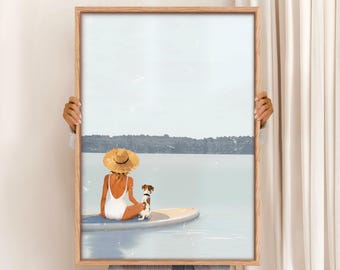 Girl and Dog Paddle Board Art Print: Retro Lake House Decor (Digital Download)