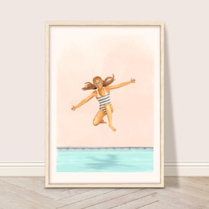 Girl Jumping into Swimming Pool Art Print, Retro Pool Wall Art, Summer House Decor, Coastal Holiday Printable Art, Tropical Pool House Art