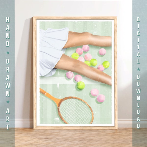 Tennis Girl Wall Art | Vintage Tennis Poster | Soft Pastel Room Decor | Tennis Lover Gift | Tennis Team Gift | Retro Tennis Court Printable