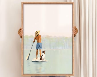 Boy and Dog Paddle Boarding Art Print: Retro Lake House Decor (Digital Download)