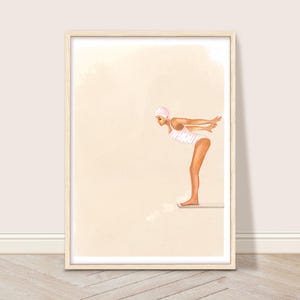 Woman on Dive Board Wall Art, Retro Swimming Pool Art Print, Diving Poster, Summer House Decor, Coastal Holiday Printable, Girl Diver Art