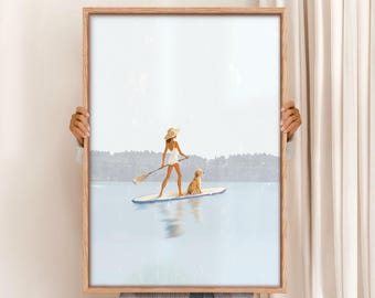 Woman and Dog Paddleboarding Art Print: Summer Coastal Decor (Digital Download)