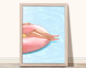 Retro Pool Art Print, Vintage Swimming Pool Wall Art, Pool House Decor, Woman on Pink Float in Pool Art, Swimwear Fashion Art, Summer Gift