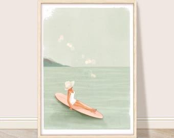 Lámina artística retro de mujer practicando paddleboard: Decoración de casa en un lago costero (descarga digital)