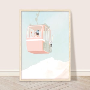 Retro ski-kunstprint, vintage stijl skilift kunst aan de muur, roze girly après-ski poster, preppy decor berghut, trendy skiën pastel decor