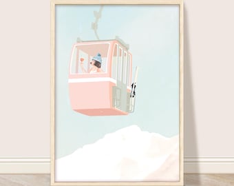 Retro Ski Art Print, Vintage Style Ski Lift Wall Art, Pink Girly Après Ski Poster, Preppy Mountain Cabin Decor, Trendy Skiing Pastel Decor
