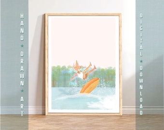 Lake Tubing Mädchen Kunstdruck: Sommer nautisches Wandbild (Digitaler Download)