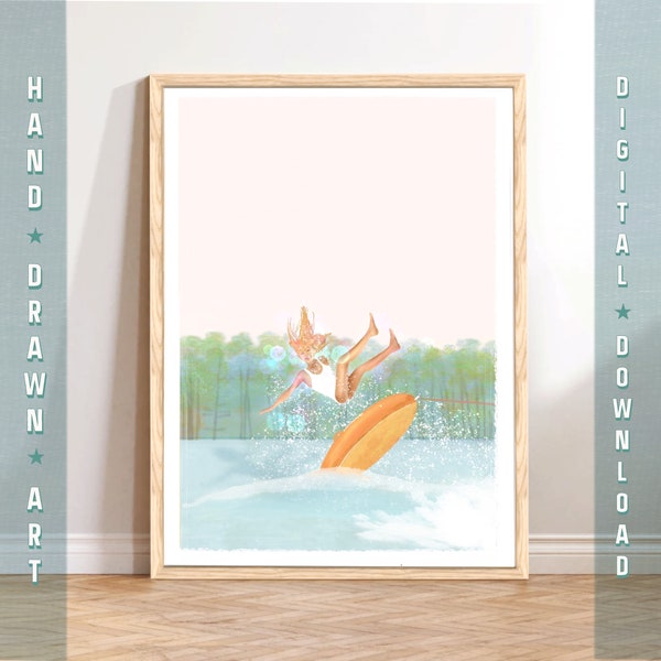 Dziewczyna na pontonie w jeziorze – wydruk artystyczny: Letnia dekoracja ścienna w stylu marynistycznym (do pobrania w wersji cyfrowej)