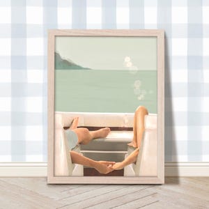 Arte náutico, impresión artística de pareja tomada de la mano en un barco, arte de pared romántico retro, arte del verano del amor, arte digital costero, póster de viaje por el lago