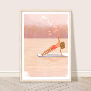 SUP Yoga Art Print, Stand Up Paddle board Wall Art, Paddleboarding Lake House Decor, Summer SUP Paddle Yoga Poster, Paddle Boarder Gift