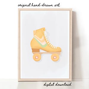 May include: A digital download of a hand-drawn illustration of a yellow roller skate with pastel rainbow stripes on the side. The skate has four wheels with pink stars on them.