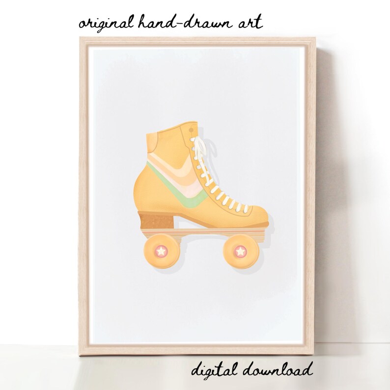 Retro Rollerskate Art Print, Yellow Roller Skate Wall Art, Vintage