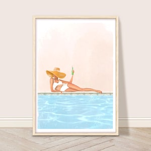 Woman Sunbathing next to Pool Wall Art, Vintage Swimming Pool Art Print, Vacation Home Decor, Pool House Art, Palm Springs Poolside Poster