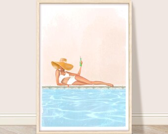 Poolside Art Print: Woman Sunbathing, Vintage Palm Springs Decor (Digital Download)