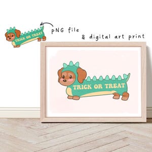 Perro de Halloween PNG y arte de pared de Halloween, diseño de perro retro vintage de moda para Halloween, decoración de Halloween con truco o trato, perro disfrazado de dinosaurio