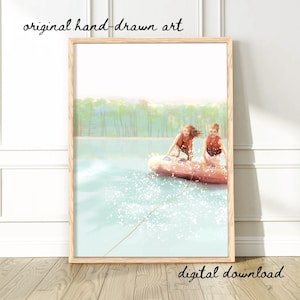 Lake Tubing Kunstdruck, Junge und Mädchen auf dem See Kunst, Wassersport digitale Kunst, See Haus Dekor, Sommer Wandkunst, Schnellboot Poster, See Geschenk