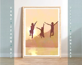 Kids Jumping in Lake Art Print, Sunset Swimmer Printable Art, Lake House Decor, Summer Fun Lake Life Wall Art, Evening Swim Art, Skinny Dip
