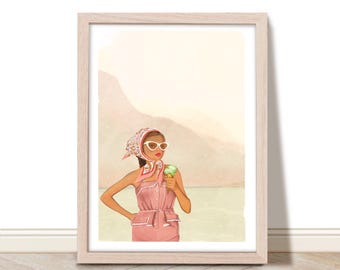 Stampa artistica di gelato con donna retrò: decorazione costiera estiva (download digitale)
