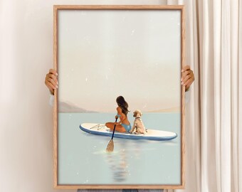 Golden Hour Lake Art Print, Girl and Goldendoodle on Paddle Board (Digital Download)