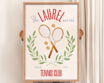 Retro Tennis Art Print, Preppy Laurel Social Tennis Club Wall Decor