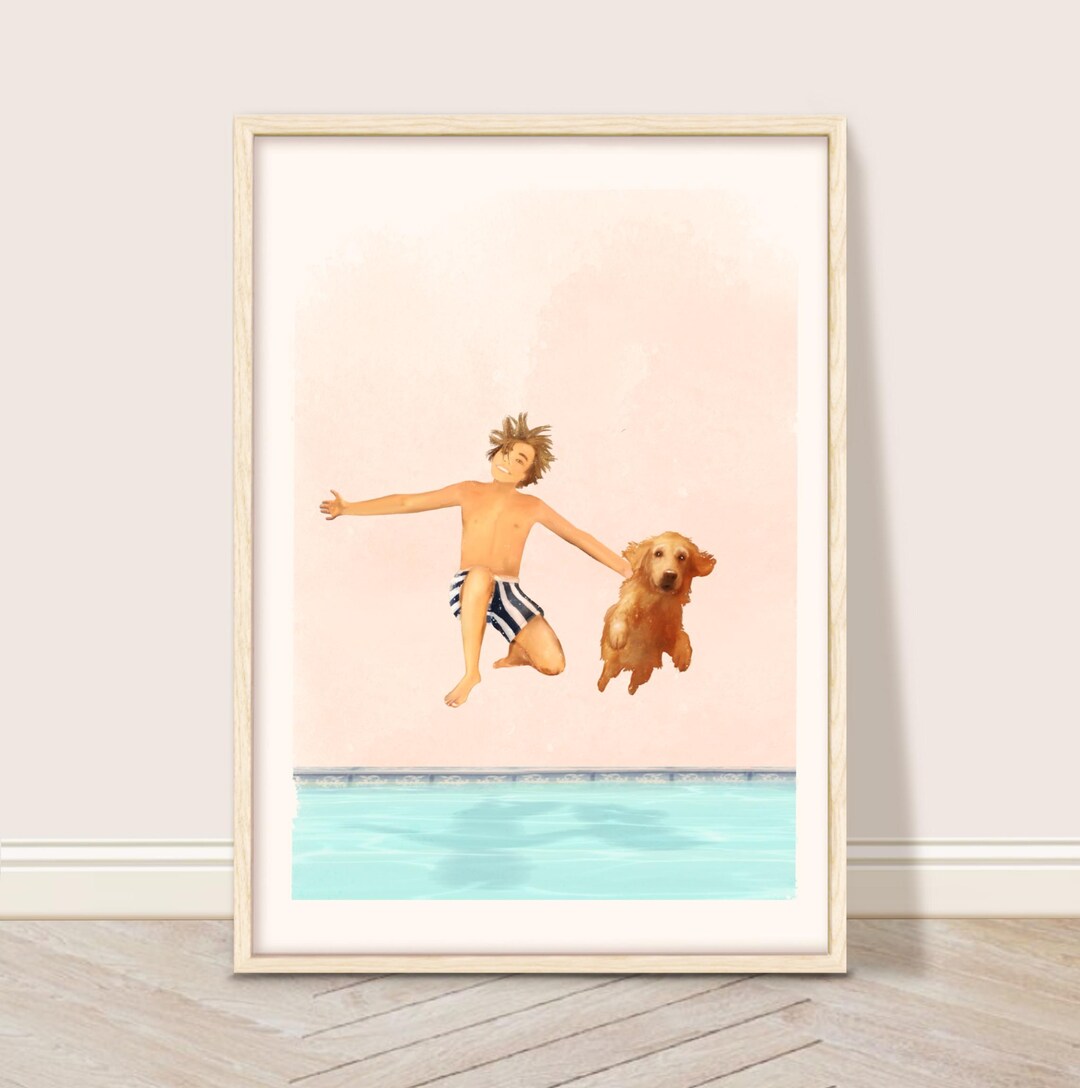 Boy and Golden Retriever Jumping in Pool Art Print (digital Download ...