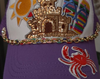 Purple and white beach theme trucker hat