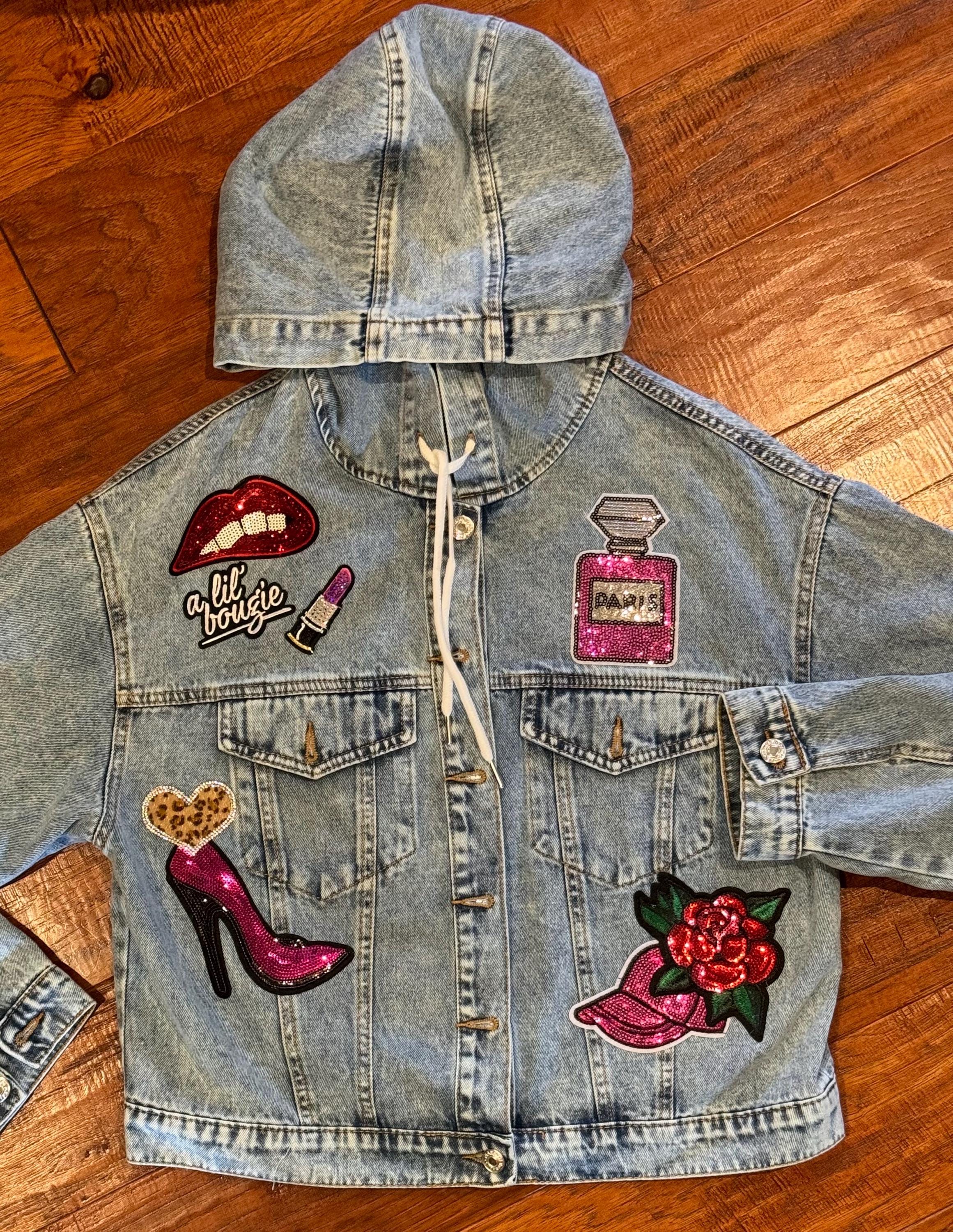 Bougie Denim Jacket With Hood and Multiple Sequin Patches